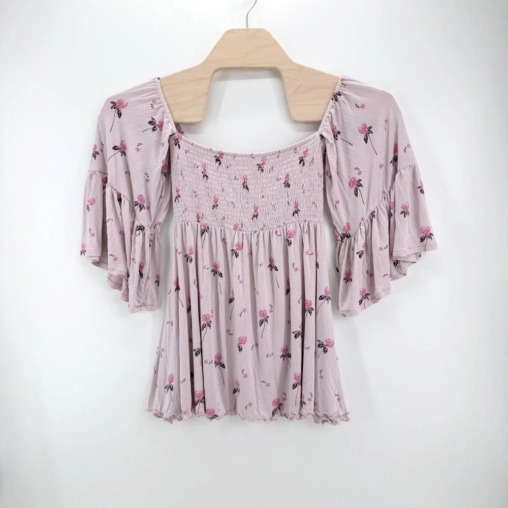 Free People Lana Off The Shoulder Top Size S Floral Smocked Bell Sleeve Boho